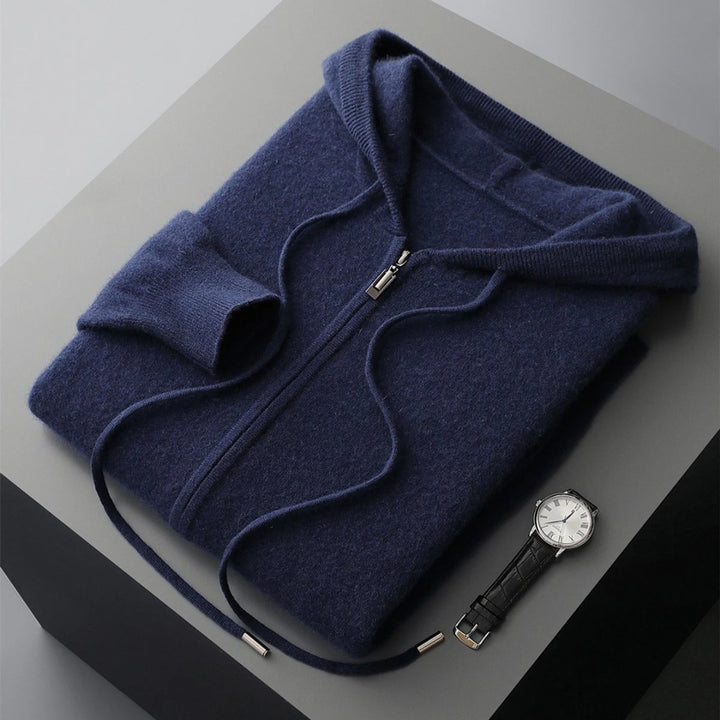 Men's Cashmere Knit Zip Hoodie Relaxed-Fit Ribbed-Cuff Jumper