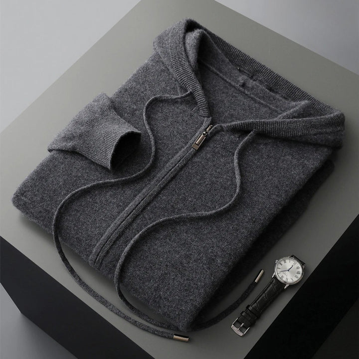 Men's Cashmere Knit Zip Hoodie Relaxed-Fit Ribbed-Cuff Jumper