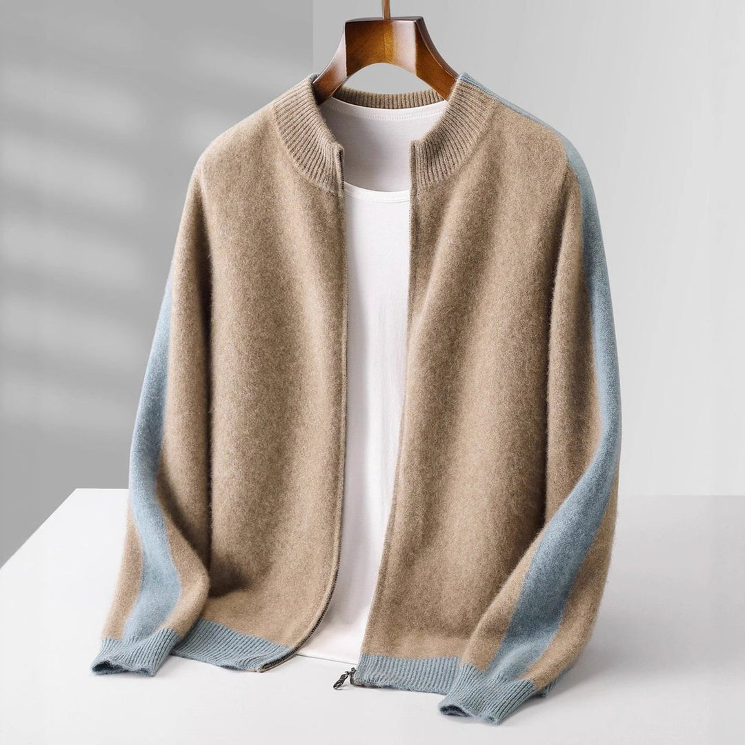 Men's Cashmere Zip Cardigan Contrast Ribbed Knitwear Jumper