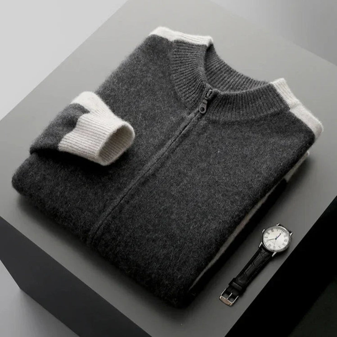 Men's Cashmere Zip Cardigan Contrast Ribbed Knitwear Jumper