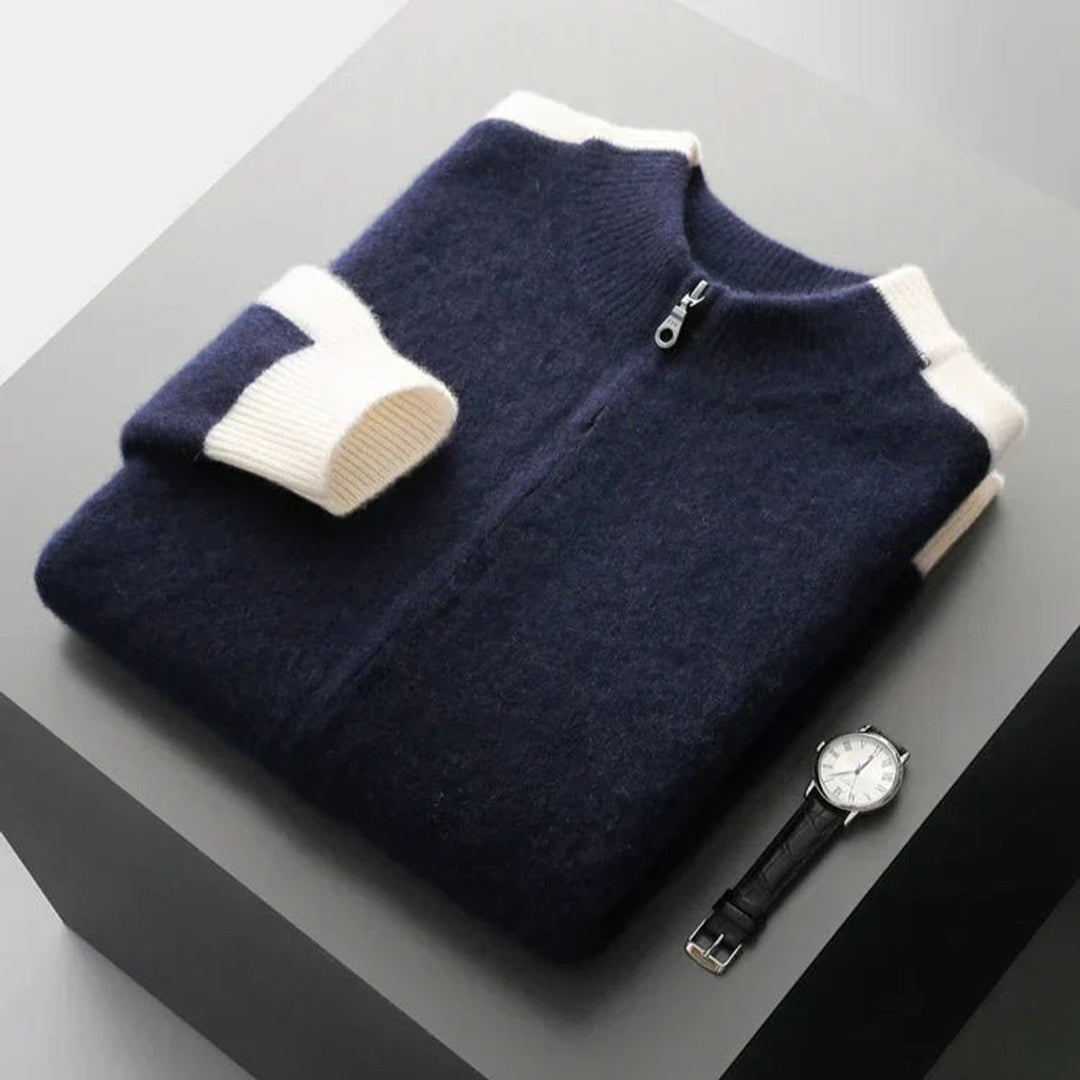 Men's Cashmere Zip Cardigan Contrast Ribbed Knitwear Jumper