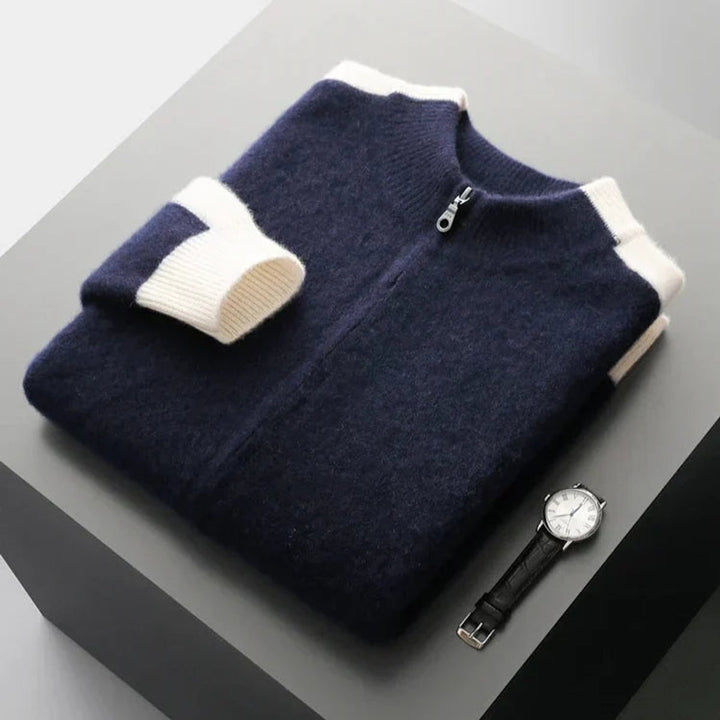 Men's Cashmere Zip Cardigan Contrast Ribbed Knitwear Jumper
