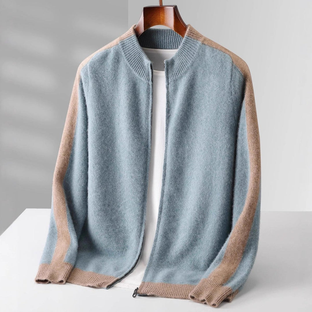 Men's Cashmere Zip Cardigan Contrast Ribbed Knitwear Jumper