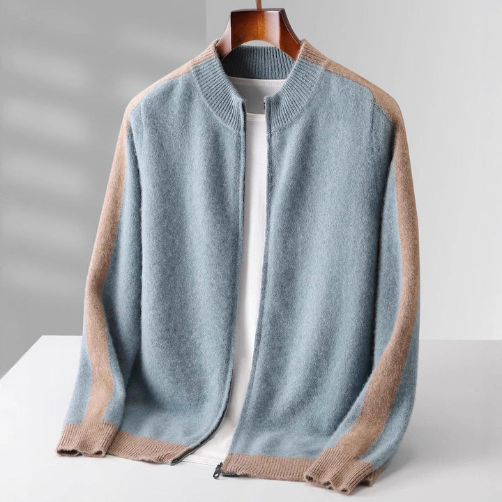 Men's Cashmere Zip Cardigan Contrast Ribbed Knitwear Jumper