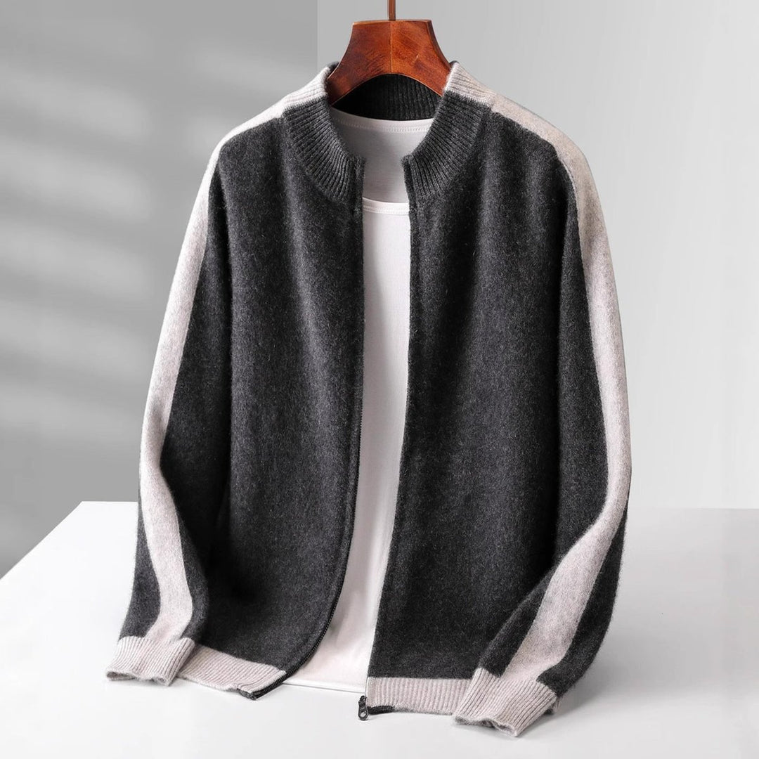 Men's Cashmere Zip Cardigan Contrast Ribbed Knitwear Jumper