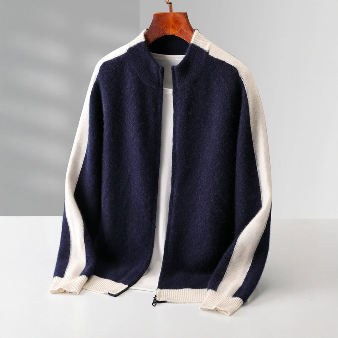 Men's Cashmere Zip Cardigan Contrast Ribbed Knitwear Jumper