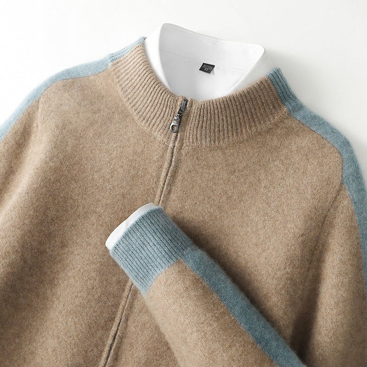 Men's Cashmere Zip Cardigan Contrast Ribbed Knitwear Jumper