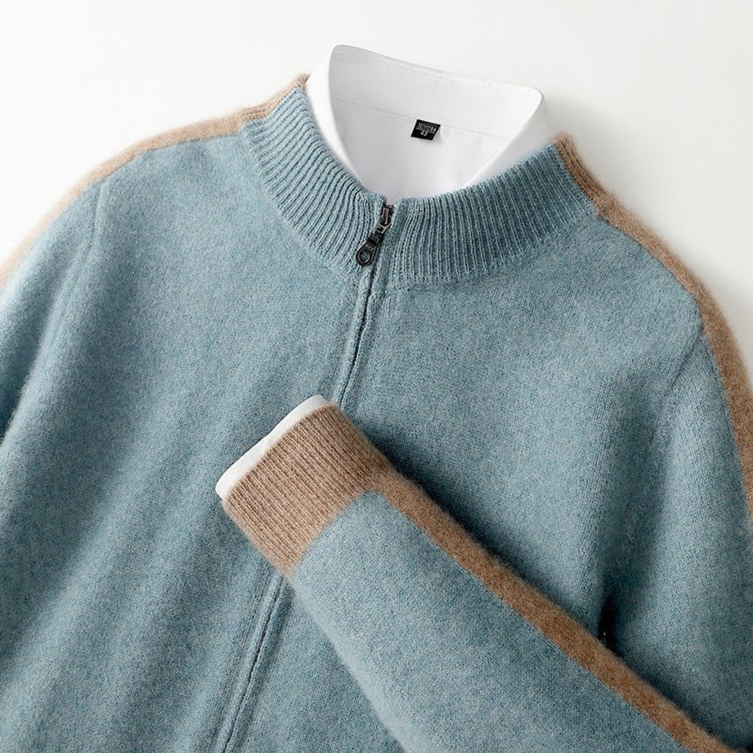 Men's Cashmere Zip Cardigan Contrast Ribbed Knitwear Jumper