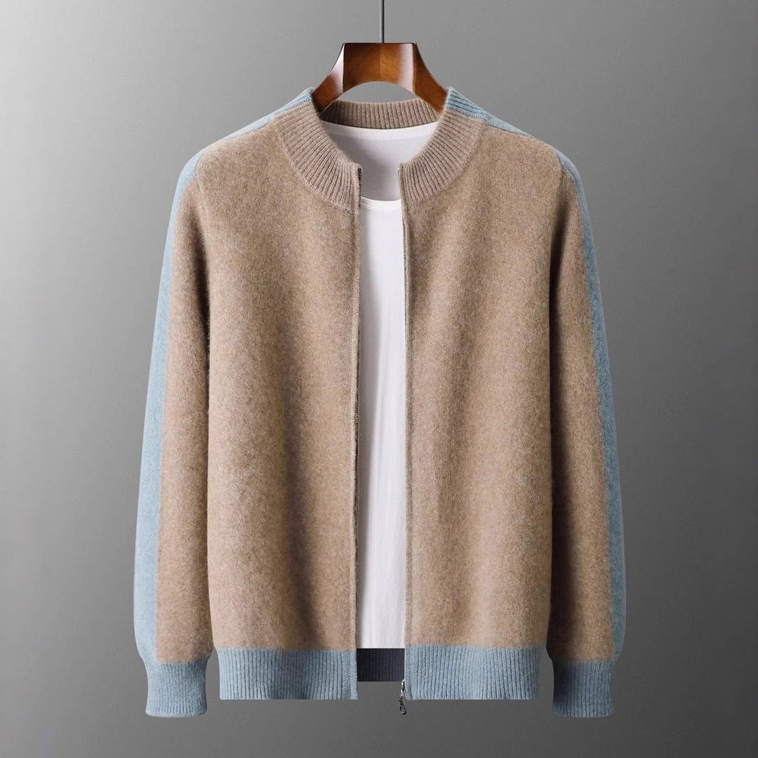 Men's Cashmere Zip Cardigan Contrast Ribbed Knitwear Jumper