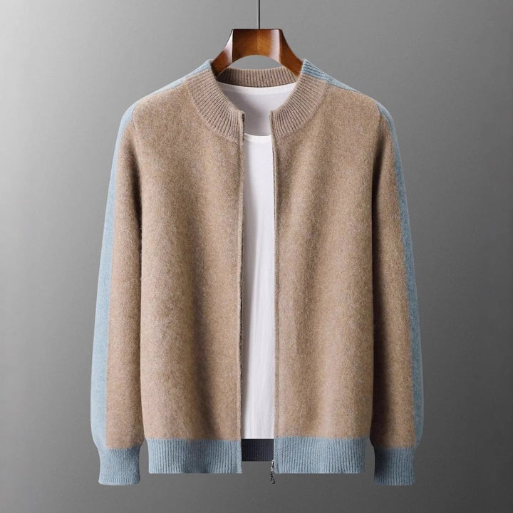 Men's Cashmere Zip Cardigan Contrast Ribbed Knitwear Jumper