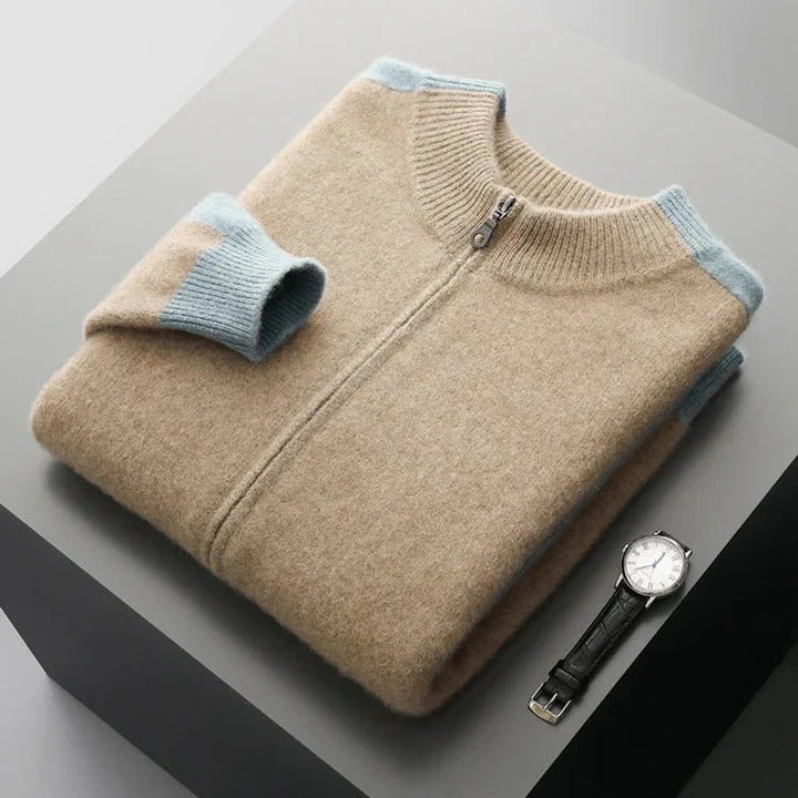 Men's Cashmere Zip Cardigan Contrast Ribbed Knitwear Jumper