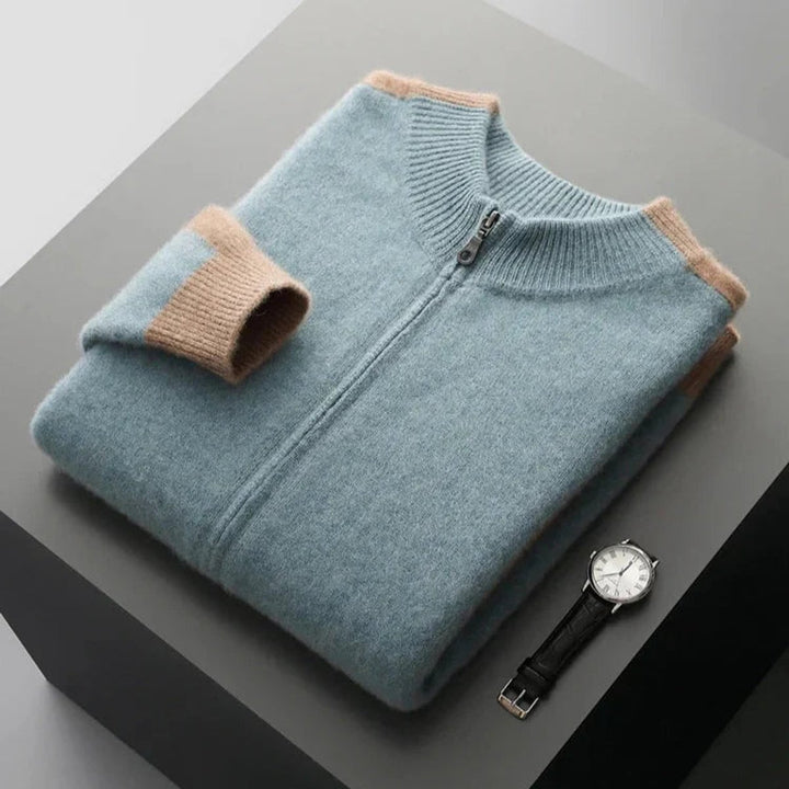 Men's Cashmere Zip Cardigan Contrast Ribbed Knitwear Jumper