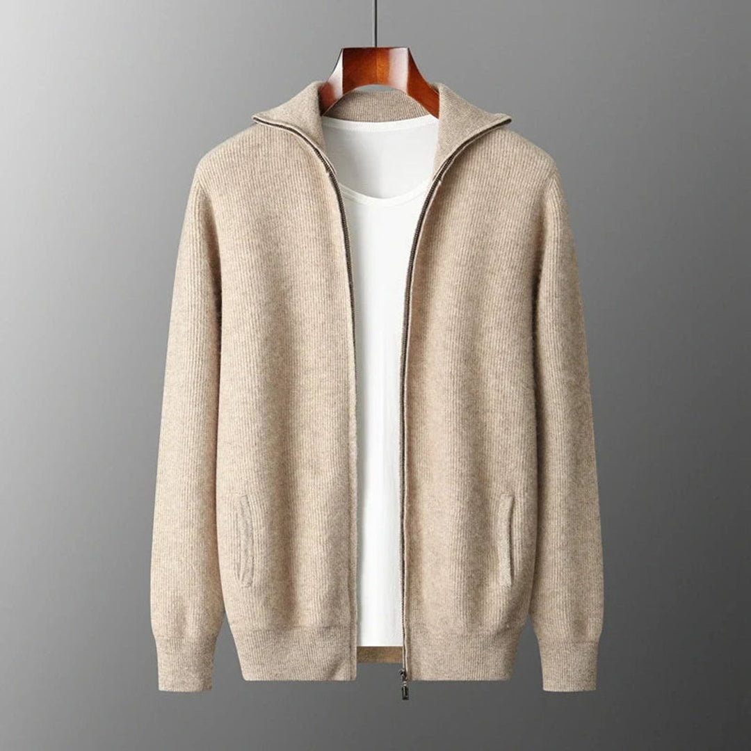 Men's Cashmere Zip Cardigan Knitted Ribbed Full-Zip Jumper