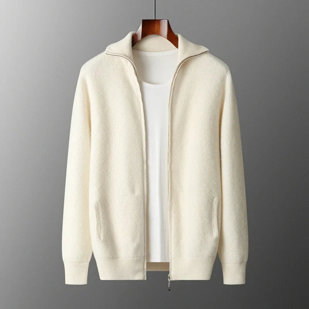 Men's Cashmere Zip Cardigan Knitted Ribbed Full-Zip Jumper