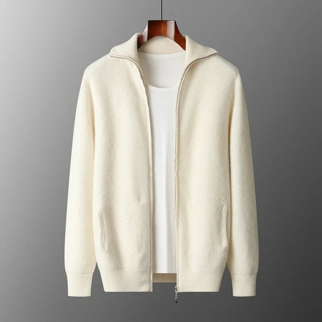 Men's Cashmere Zip Cardigan Knitted Ribbed Full-Zip Jumper