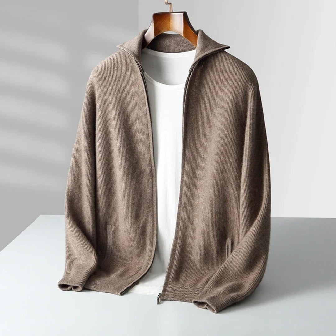 Men's Cashmere Zip Cardigan Knitted Ribbed Full-Zip Jumper