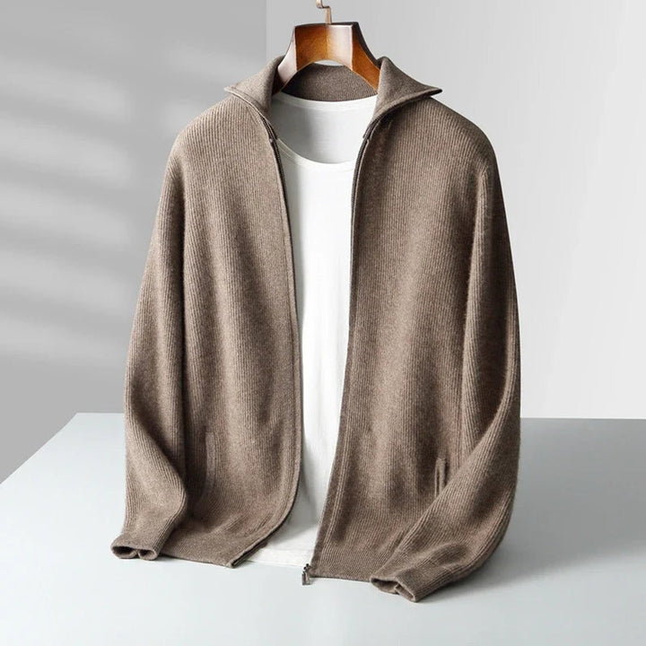 Men's Cashmere Zip Cardigan Knitted Ribbed Full-Zip Jumper