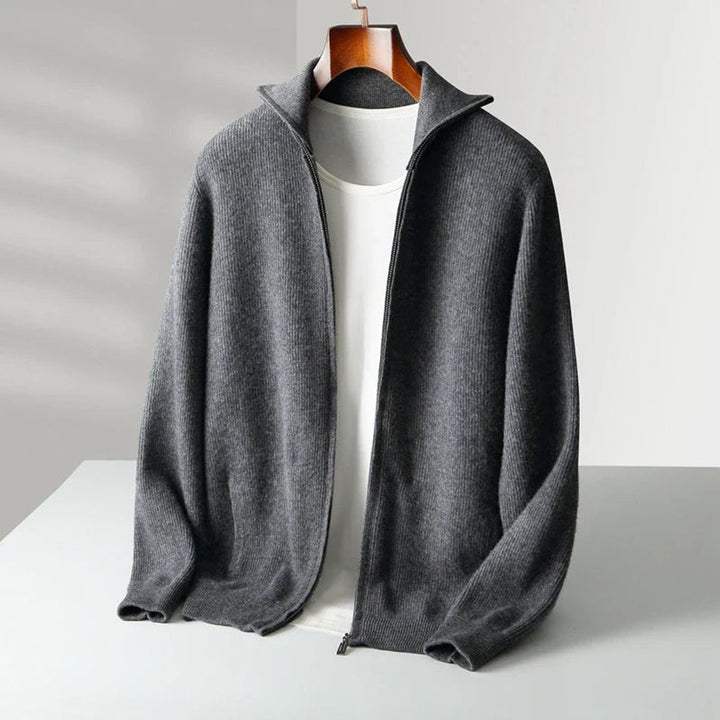 Men's Cashmere Zip Cardigan Knitted Ribbed Full-Zip Jumper