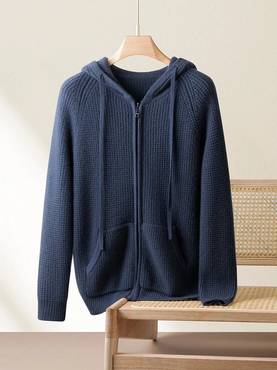 Men's Cashmere Zip Hoodie Waffle-Knit Full-Zip Jumper