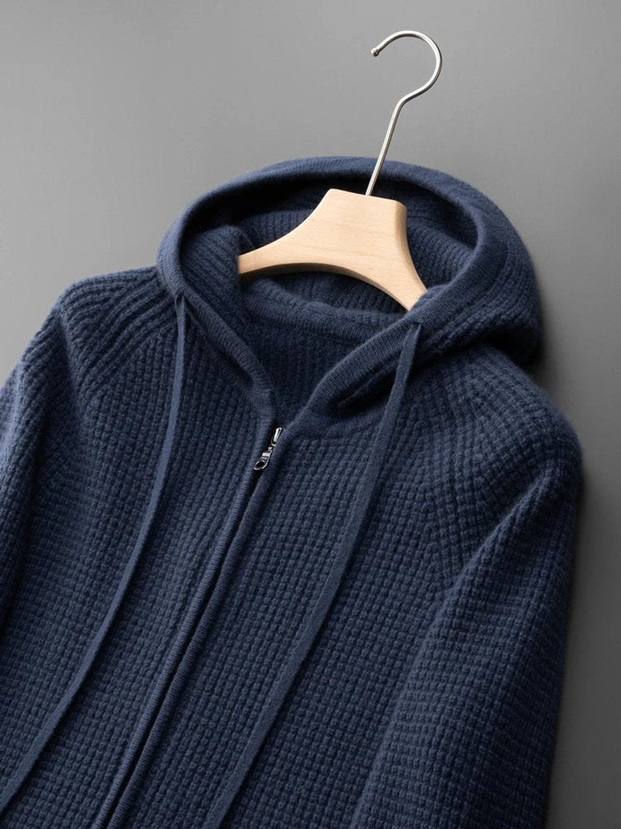 Men's Cashmere Zip Hoodie Waffle-Knit Full-Zip Jumper