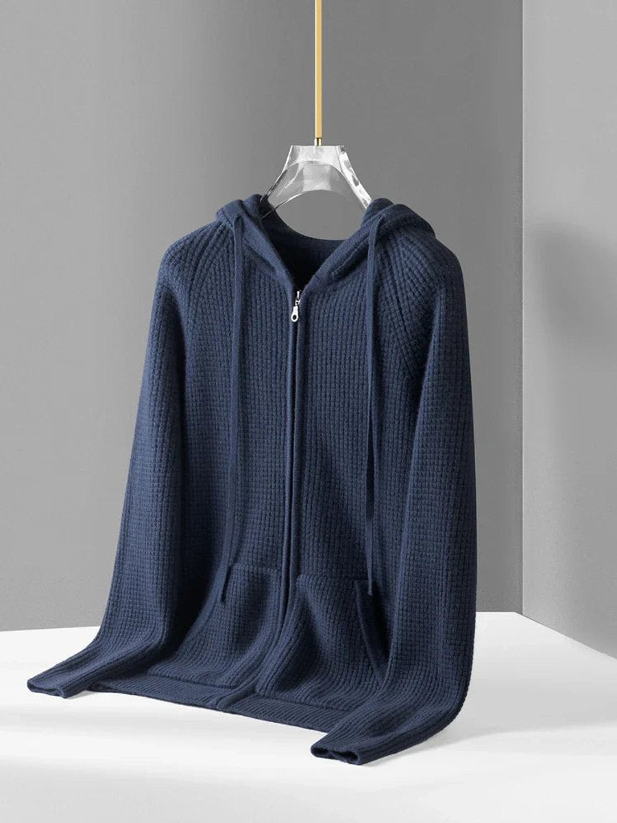 Men's Cashmere Zip Hoodie Waffle-Knit Full-Zip Jumper