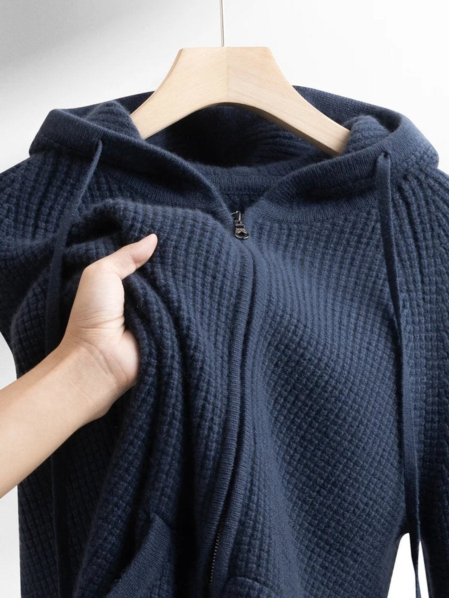 Men's Cashmere Zip Hoodie Waffle-Knit Full-Zip Jumper