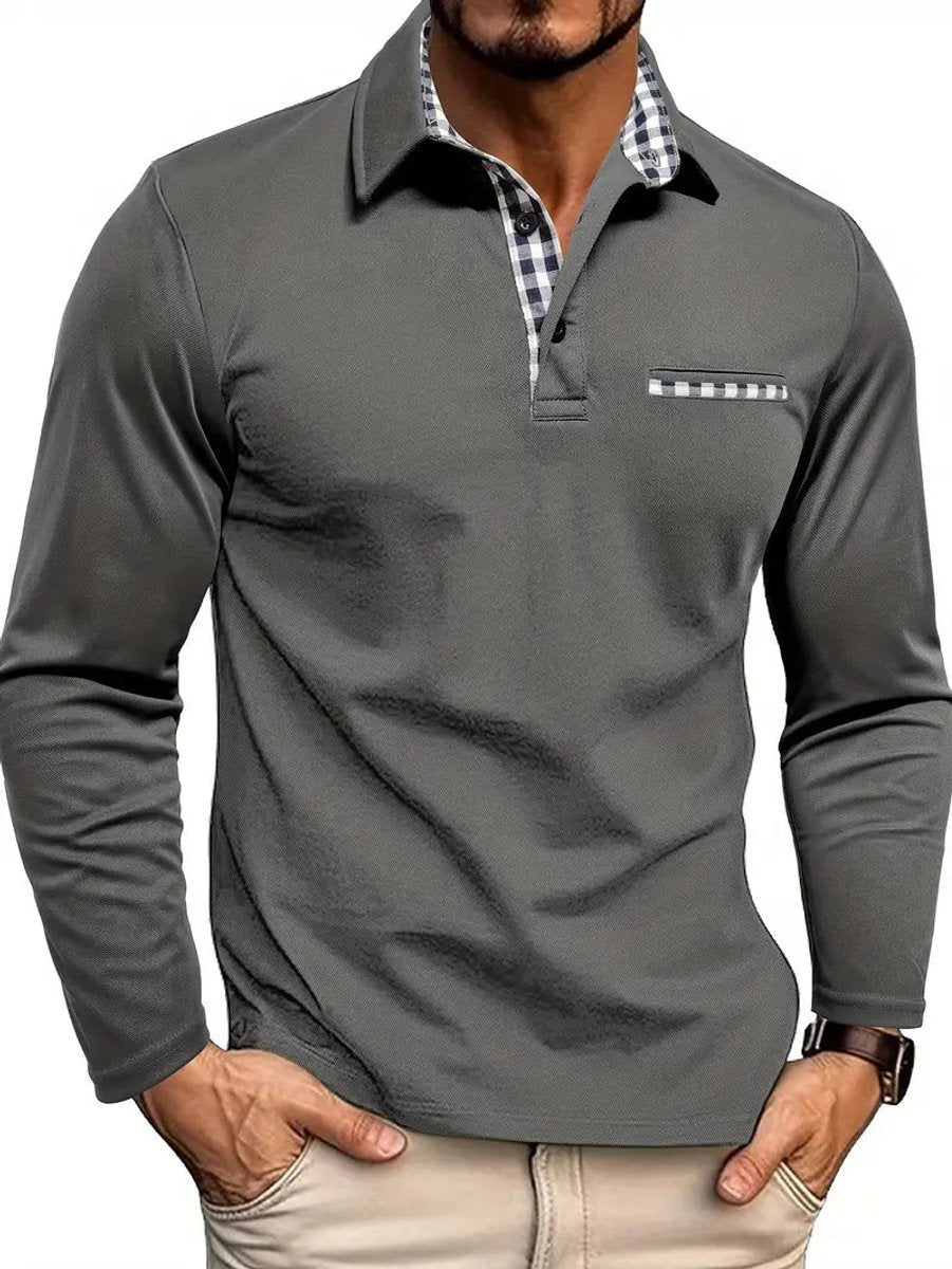 Men's Check Collar Long-Sleeve Henley Polo Shirt