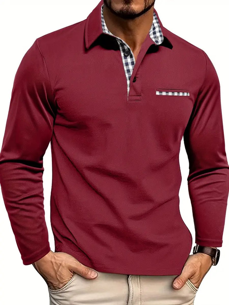 Men's Check Collar Long-Sleeve Henley Polo Shirt