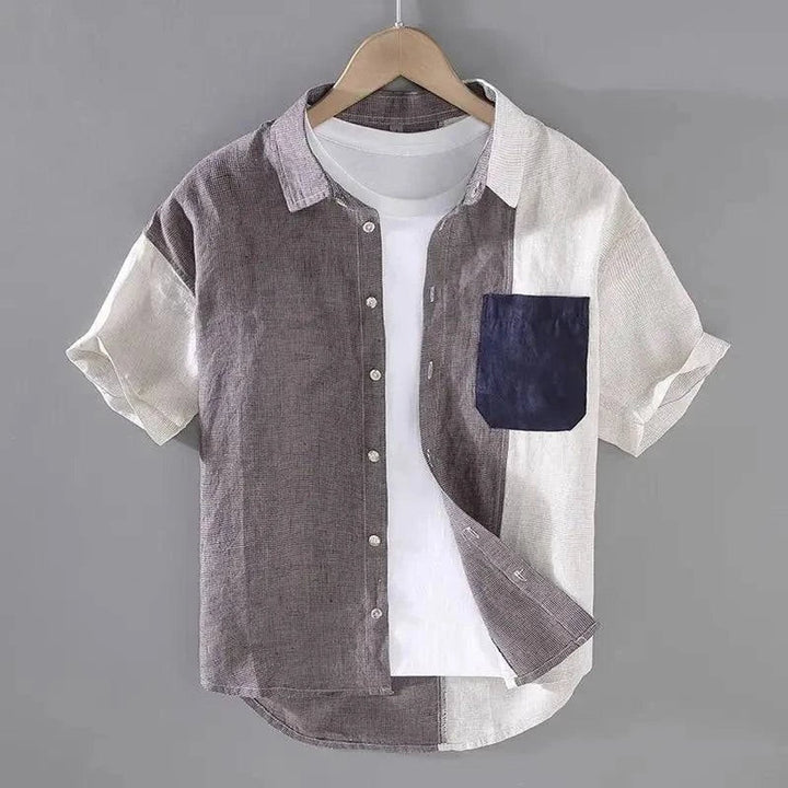 Men's Check Shirt Relaxed-Fit Cotton-Linen Colourblock Short-Sleeve
