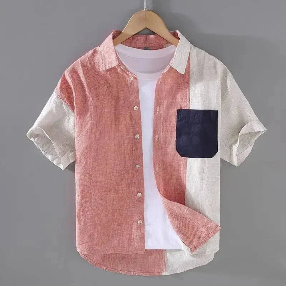 Men's Check Shirt Relaxed-Fit Cotton-Linen Colourblock Short-Sleeve