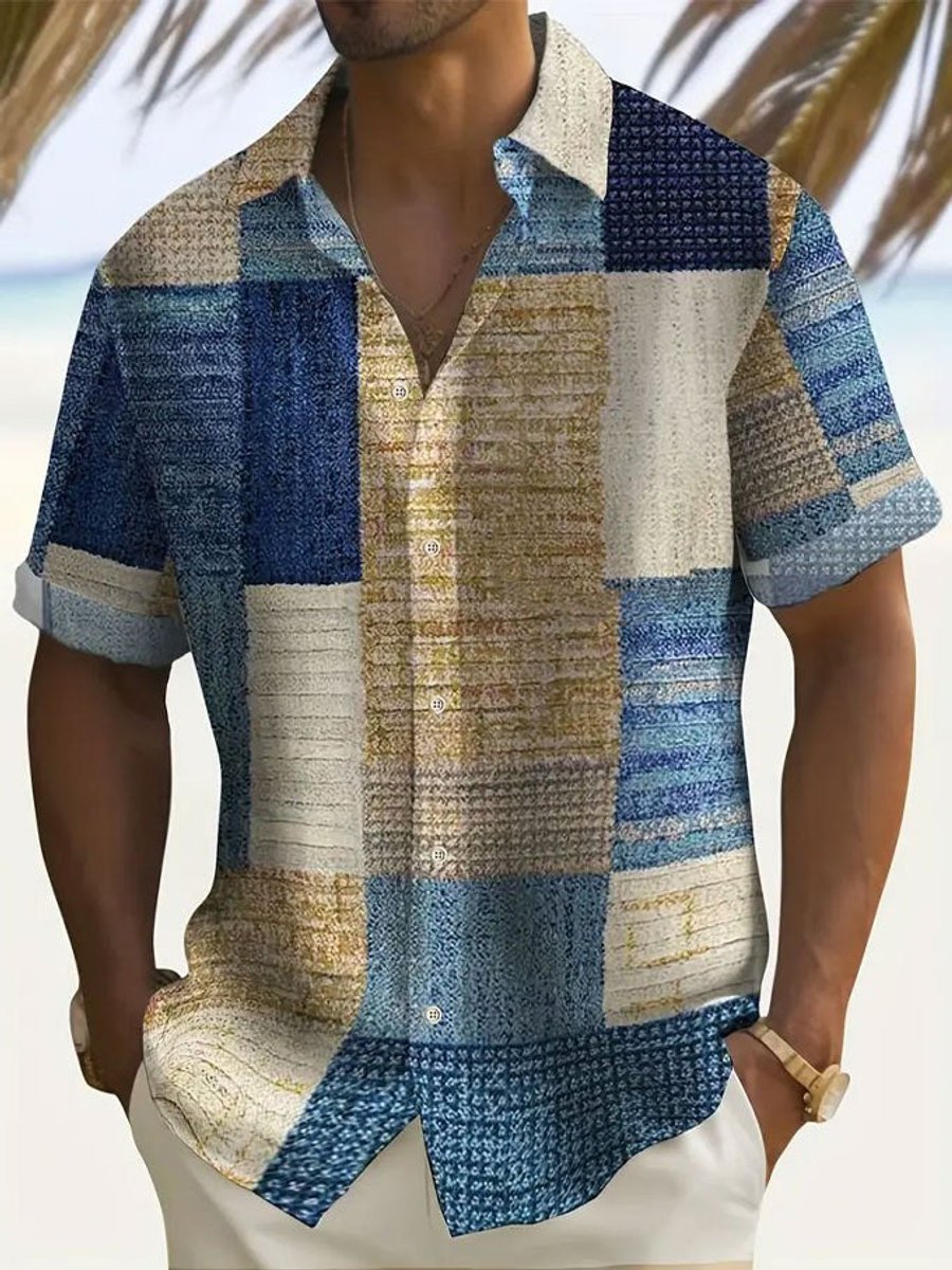 Men's Check Short-Sleeve Patchwork Button-Up Casual Shirt