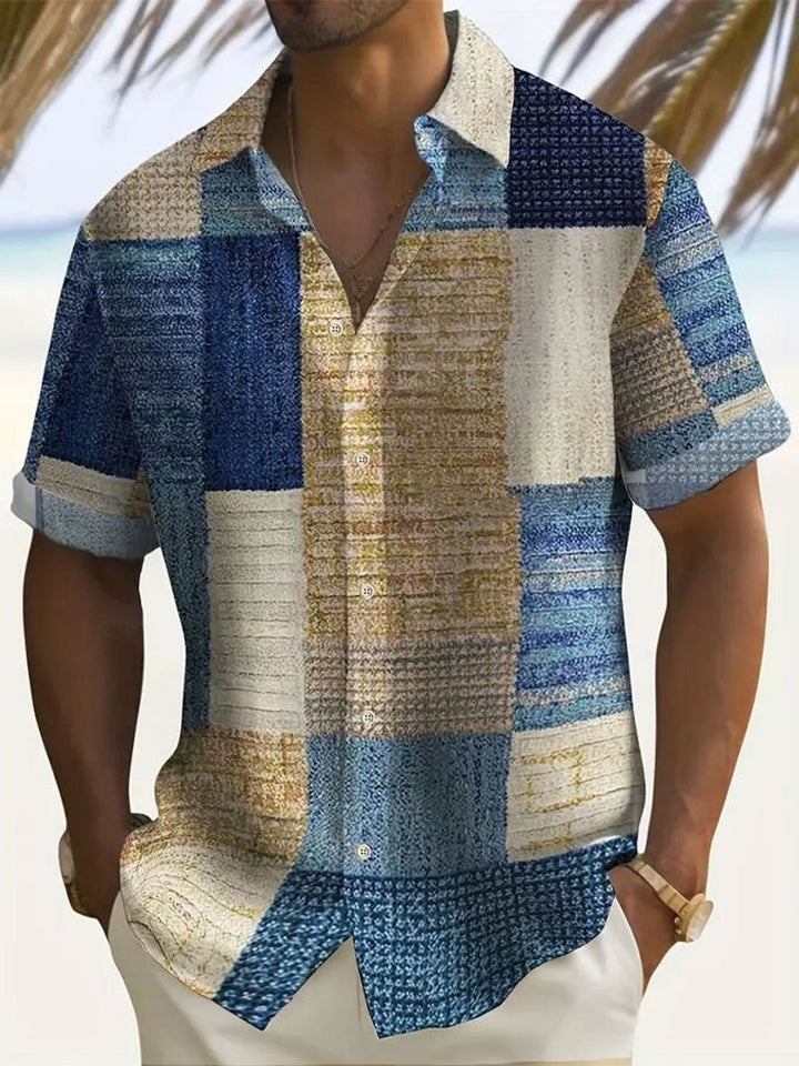 Men's Check Short-Sleeve Patchwork Button-Up Casual Shirt