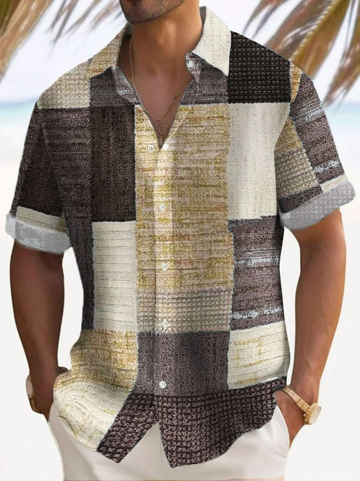 Men's Check Short-Sleeve Patchwork Button-Up Casual Shirt