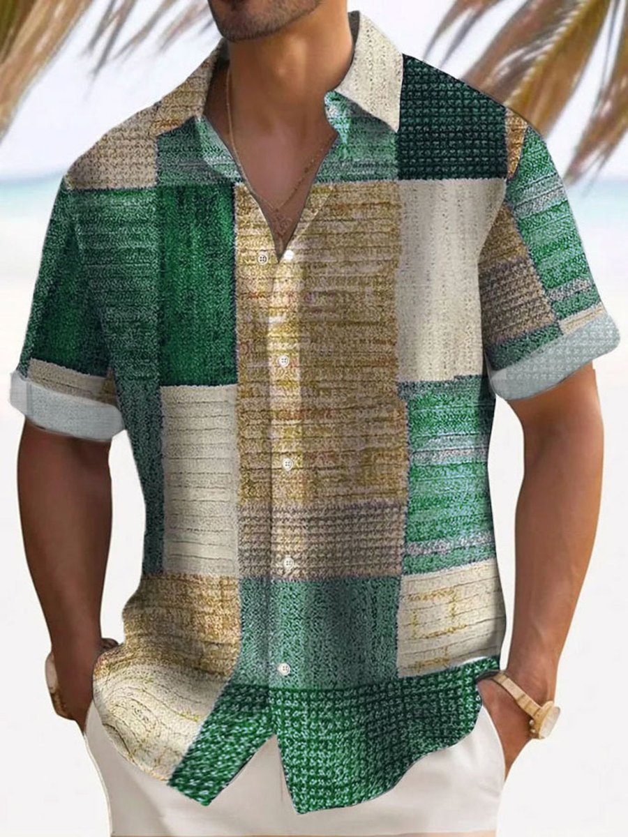 Men's Check Short-Sleeve Patchwork Button-Up Casual Shirt
