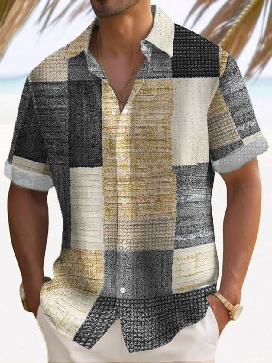 Men's Check Short-Sleeve Patchwork Button-Up Casual Shirt