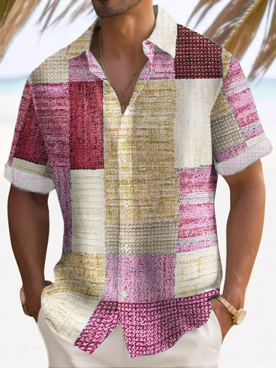 Men's Check Short-Sleeve Patchwork Button-Up Casual Shirt