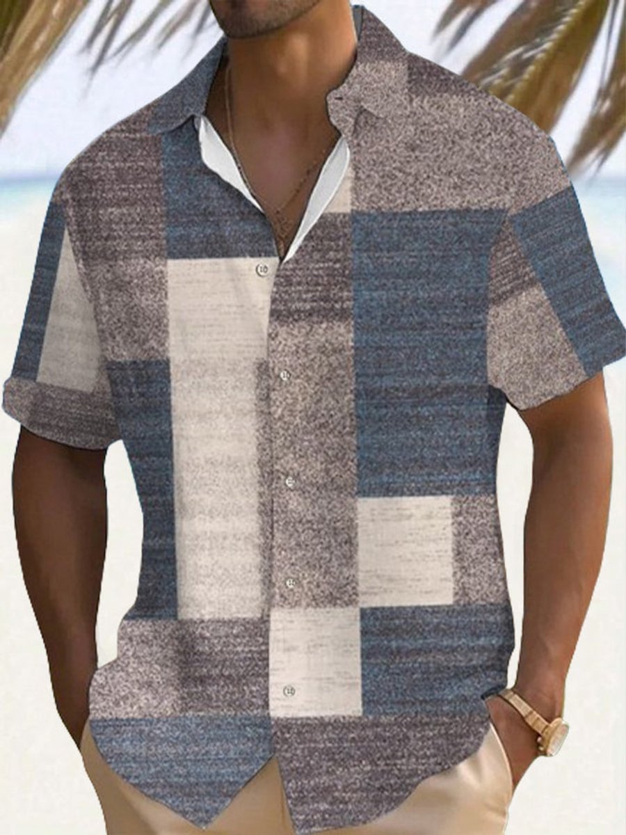 Men's Check Short-Sleeve Patchwork Button-Up Casual Shirt