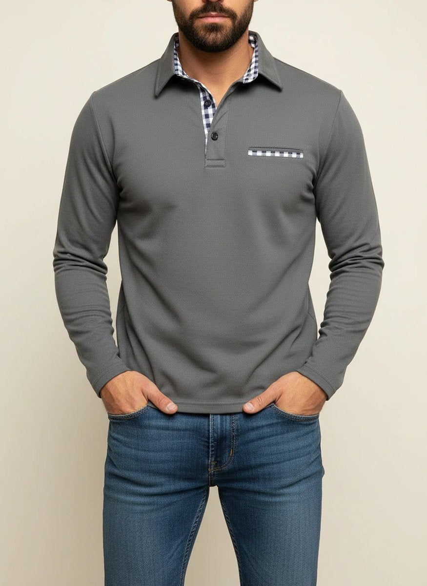 Men's Check Trim Long-Sleeve Henley Polo Shirt