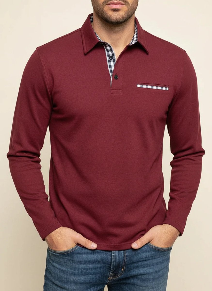 Men's Check Trim Long-Sleeve Henley Polo Shirt