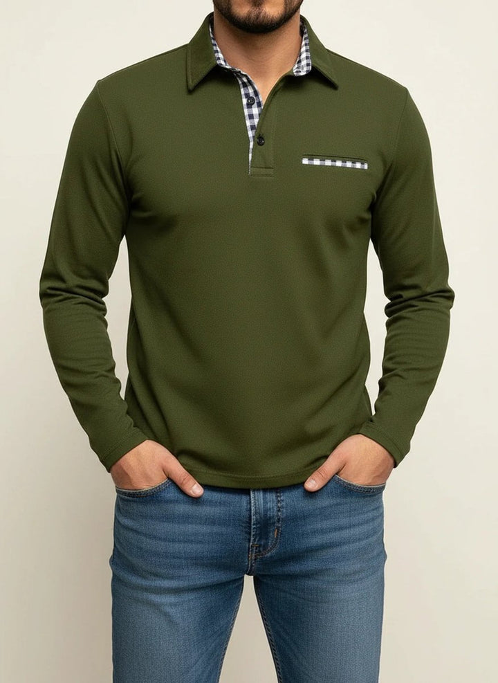 Men's Check Trim Long-Sleeve Henley Polo Shirt