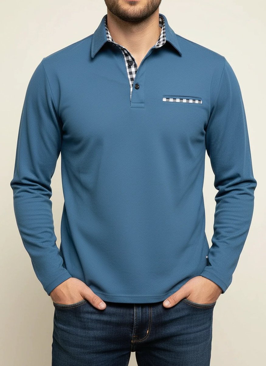 Men's Check Trim Long-Sleeve Henley Polo Shirt