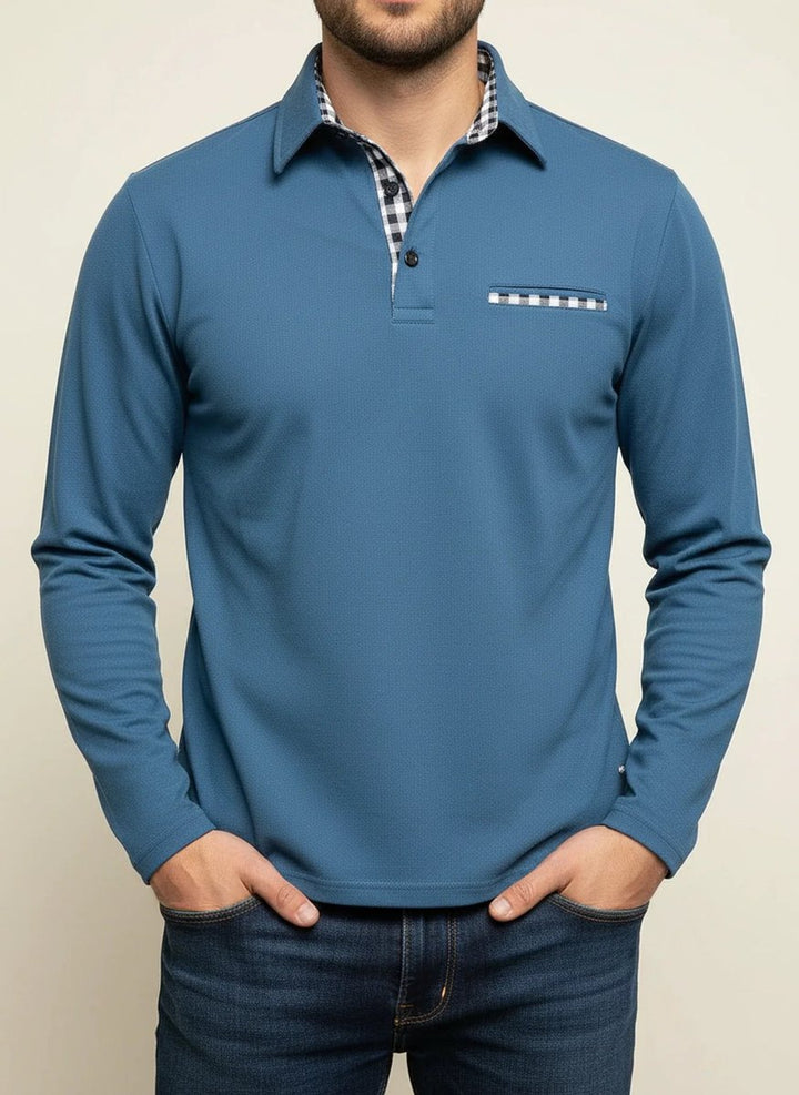 Men's Check Trim Long-Sleeve Henley Polo Shirt