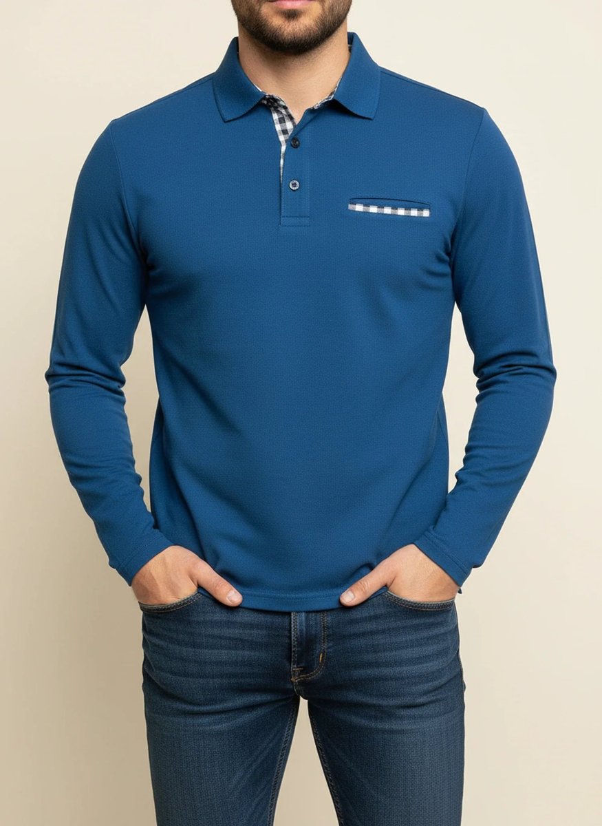 Men's Check Trim Long-Sleeve Henley Polo Shirt