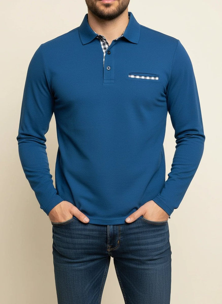 Men's Check Trim Long-Sleeve Henley Polo Shirt