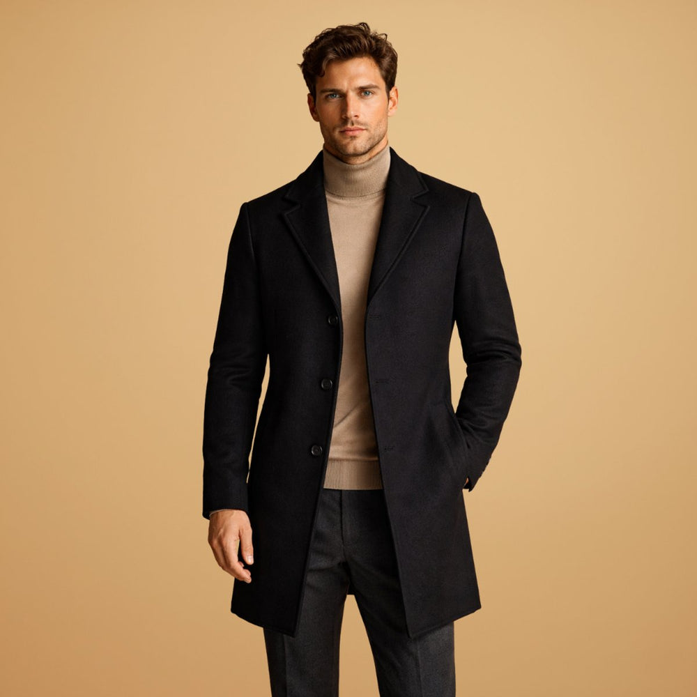 Men's Classic Tailored Wool-Blend Overcoat Button-Front Mens Jacket