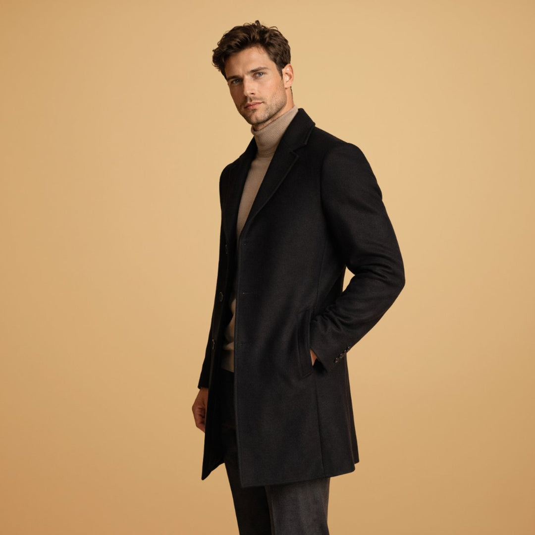 Men's Classic Tailored Wool-Blend Overcoat Button-Front Mens Jacket