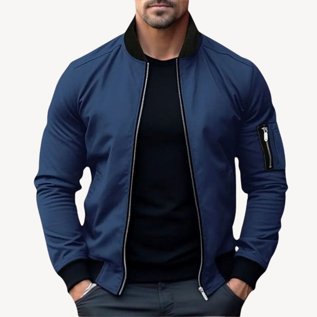 Men's Classic Zip-Up Bomber Jacket Ribbed Collar Outerwear