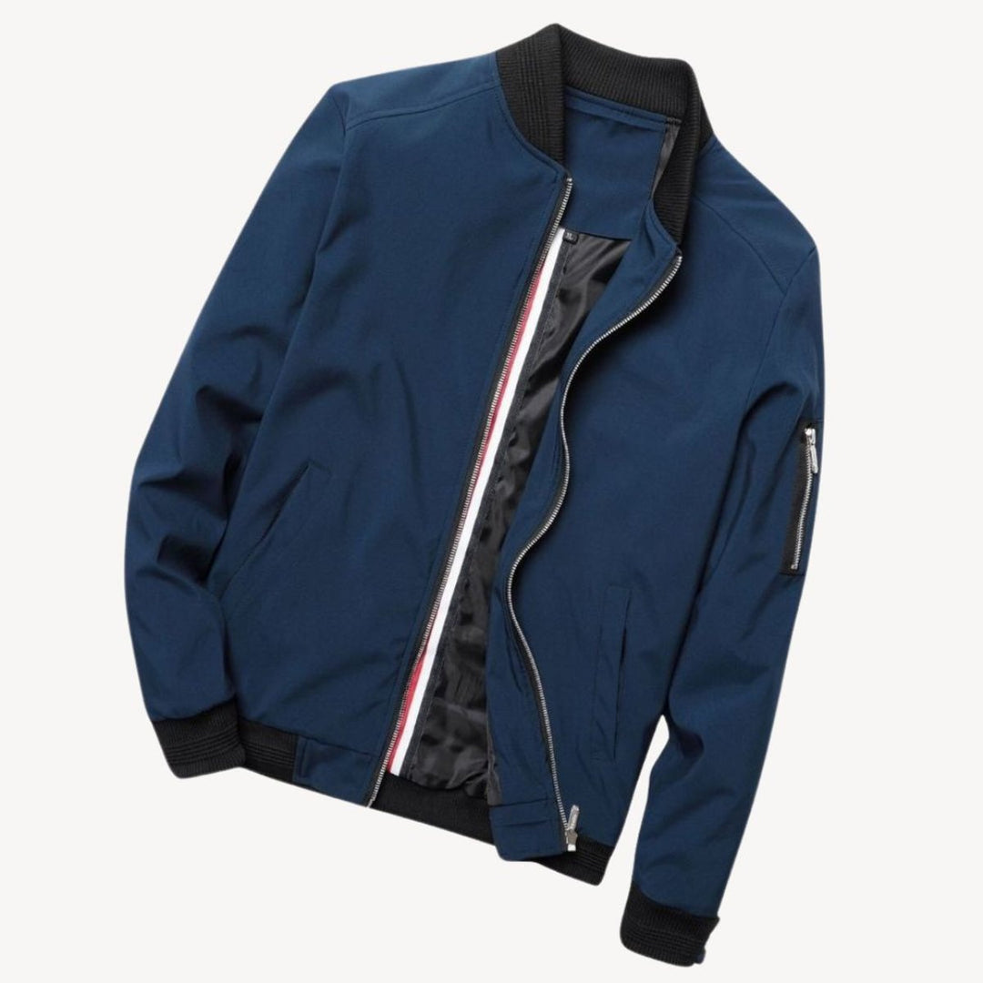 Men's Classic Zip-Up Bomber Jacket Ribbed Collar Outerwear