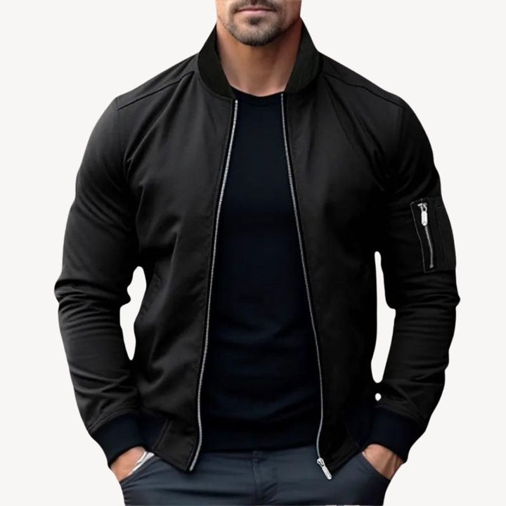 Men's Classic Zip-Up Bomber Jacket Ribbed Collar Outerwear