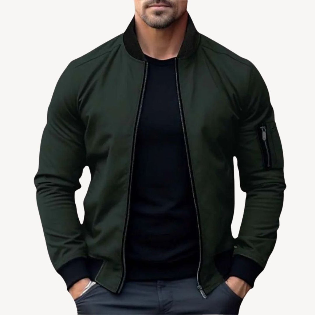 Men's Classic Zip-Up Bomber Jacket Ribbed Collar Outerwear